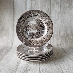 Può includere: Un set di sei piatti in ceramica marrone e bianca con un design floreale. I piatti presentano una scena di un castello e un fiume con alberi e un ponte.