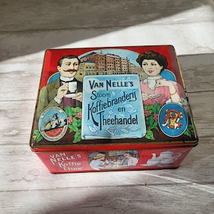 Van Nelle Holland Old Coffee or Tea Tin with Nostalgic Images | Rectangular Tin with Patina | Unique Collector&#39;s Item