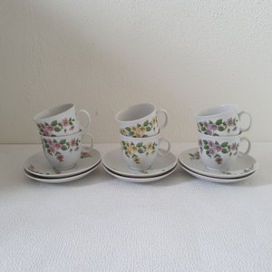 Bohemia Set of 6 tea or coffee cups with saucers in three different colors floral pattern, Made in Czechoslovakia