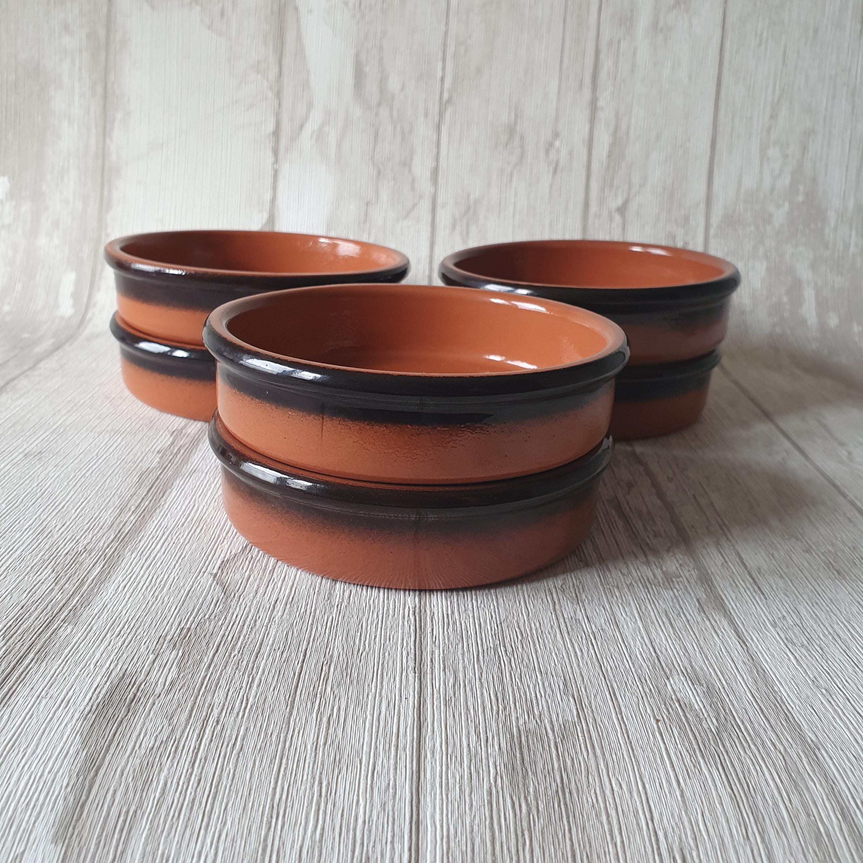Set of 2 or 4 vintage French glazed terracotta earthenware brown black crème brûlée bowls/oven dishes