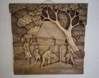 Monumentaal Handgesneden 3D-Reliëfpaneel | Zuid-Aziatisch Suar-hout ca. 1970