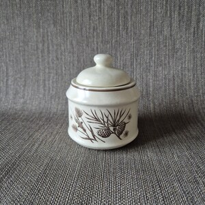 May include: A cream-colored ceramic sugar bowl with a lid. The bowl features a brown pine needle and pine cone design. The lid has a small knob on top. The bowl is approximately 4 inches tall.