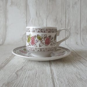 Broadhurst Staffordshire "Indian Tree" vintagekopp och fat | kaffekopp med fat brun/rosa/grön/blå | England Ironstone i nyskick