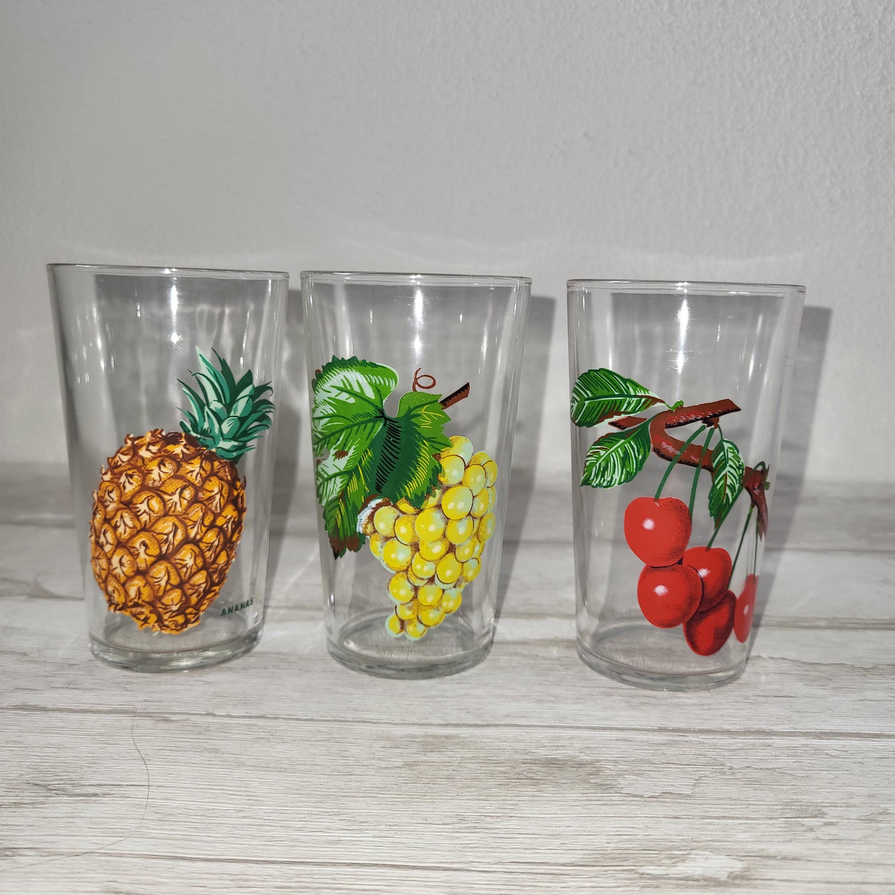 Lot de 3 verres à jus de fruits vintage – Ananas, raisins et cerises – Décoration de cuisine rétro – Idée cadeau