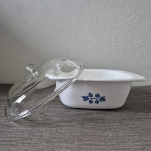 May include: White casserole dish with a clear glass lid. The dish features a blue leaf design. The lid is ajar, showing the inside. The dish is on a grey surface.