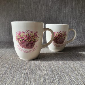 Op de afbeelding: Twee witte keramische mokken met een bloemenontwerp. Elke mok heeft een mand met roze en paarse bloemen met de tekst "Platycodon Shell Pink" eronder gedrukt. De mokken hebben een gebogen vorm en een groot handvat.