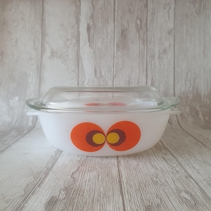 Schott Mainz Square Roasting Dish with Glass Lid | Carina Peacocks Eyes | Pop Art Space Age | 70s German Kitchenware