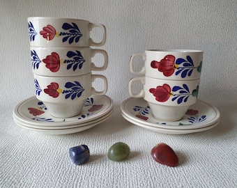 Varias tazas de café o té vintage Royal Boch Boerenbont con platillos - pintadas a mano | Se vende por pieza (10 piezas)