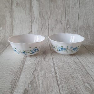 Könnte beinhalten: Zwei weiße Keramikschalen mit einem blauen und grünen Blumendesign. Die Schalen haben einen gewellten Rand.