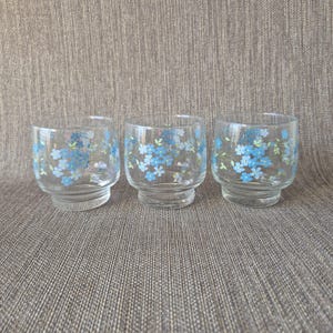 May include: Three clear glass tumblers with a floral pattern of blue flowers and green leaves. The glasses have a short, rounded base and a cylindrical shape. The floral design is evenly distributed around the exterior of each glass.