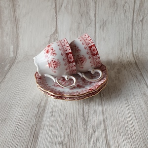 Può includere: Due tazze da tè bianche con motivi floreali rossi e dorati e piattini abbinati. Le tazze e i piattini sono impilati l'uno sull'altro.