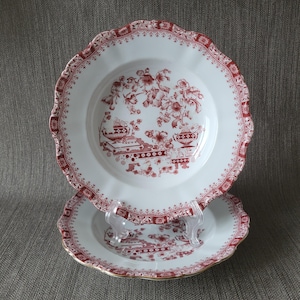 Könnte beinhalten: Zwei weiße Keramikteller mit rotem Blumendesign und gewellten Rändern. Die Teller weisen ein detailliertes rotes Muster aus Blumen und Vasen auf. Die Ränder sind ebenfalls mit einem roten Rand verziert. Die Teller werden auf einem transparenten Ständer präsentiert.