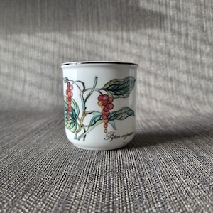 May include: A white ceramic mug with a botanical illustration of a pepper plant. The design features green leaves and red peppercorns, with the words "Piper nigrum" in a script font. The rim of the mug is brown.