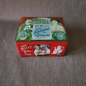 Vintage Van Nelle Coffee and Tea Tin (1920s-1940s) | Red Nostalgic Rectangular Storage Tin