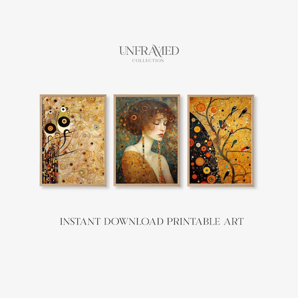 Set of 3 Abstract Golden Posters | Gustav Klimt Inspired Poster | Modern Portrait Painting | Art Nouveau Print | Printable wall art | S0084