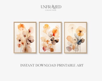 Ensemble de 3 affiches aquarelles minimalistes de fleurs sauvages | Tons terre-beige | IMPRIMABLE Télécharger des impressions d’art mural | S0132