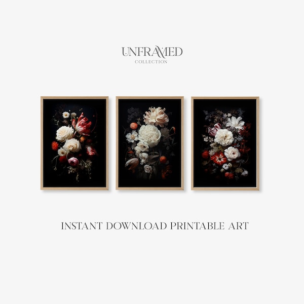 Set of 3 Dutch Still-Life Floral Posters | White and Red Flowers on Black | PRINTABLE Download Wall Art Print | Vintage Dutch Masters S0158