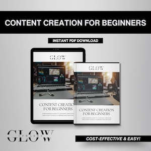 May include: A digital download for a guide on content creation for beginners. The cover features a laptop with a video editing program open, and the text "Content Creation for Beginners" is displayed in bold, black font. The guide is described as a beginner's guide to content creation and how to build a brand and income. The text "Cost-Effective & Easy!" is displayed in black font at the bottom of the cover.