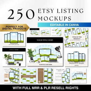 Puede incluir: Imagen promocional que muestra 250 maquetas de listados de Etsy. El diseño incluye plantillas de productos digitales para teléfonos, tabletas y portátiles. El texto incluye "Etsy Listing Mockups", "Editable in Canva" y "With Full MRR & PLR Resell Rights".