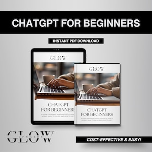 Op de afbeelding: Een digitale download voor een handleiding over het gebruik van ChatGPT. De omslag toont een laptop met de handen van een persoon die op het toetsenbord typt. De titel van de handleiding is "ChatGPT voor beginners" en de tekst "Kosten-effectief & gemakkelijk!" staat onderaan de omslag.