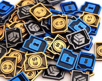 May include: A collection of game tokens featuring various symbols, including dollar signs, euro signs, and a padlock. The tokens are made of plastic and come in a variety of colors, including blue, gold, and gray.