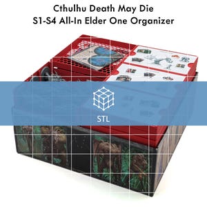 May include: Red and black organiser for the Cthulhu Death May Die board game. The organiser is made of plastic and has a grid pattern. The organiser is labelled "S1-S4 All-In Elder One Organiser".