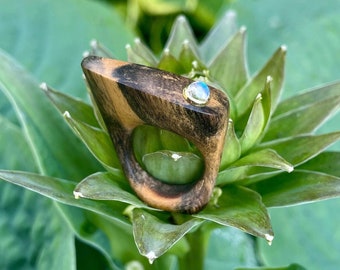 Black and white ebony ring with moonstone (unique ring for women, curved ring with natural stone cabochon, ebony wood ring)