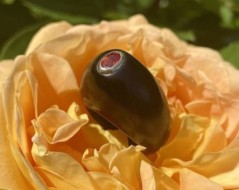 Padparadscha sapphire statement ring (Macassar ebony wood ring with orange sapphire, Gold bezel set bombe ring, unique gifts for women)