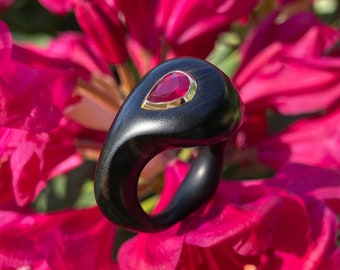 Pear shaped ruby in black and white ebony wood curved ring (unique cocktail ring with natural ruby, statement bezel set ring with ruby)