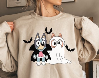 Bluey And Bingo Funny Halloween Spooky Season Sweatshirt, Bluey Family Scary Kids Halloween Trick or Treat T-Shirt, Spooky Vibes Fall Shirts
