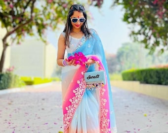 Schön Crush Goergette Saree mit Phantasie Stickerei C-pallu Sequnce & Thread Zari Arbeit Hochzeit tragen saree, Designer Party Wear.