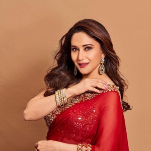 Madhuri Dixit Rote Farbe Weiche Georgette Goldfaden Zari und Sequence Arbeit Saree, Hochzeitskleidung Saree, Party Wear Saree, Bollywood Saree. Bild 1