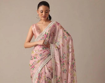 Wunderschöne Georgette Saree mit Digitaldrucken und Stickerei Codding und Pailletten Arbeit Saree, Hochzeit tragen saree, Designer Party Wear saree.