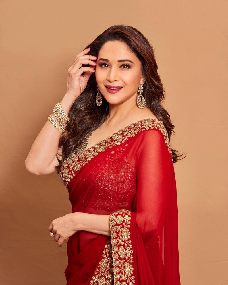 Madhuri Dixit Rote Farbe Weiche Georgette Goldfaden Zari und Sequence Arbeit Saree, Hochzeitskleidung Saree, Party Wear Saree, Bollywood Saree. Bild 3