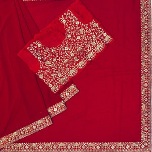 Madhuri Dixit Rote Farbe Weiche Georgette Goldfaden Zari und Sequence Arbeit Saree, Hochzeitskleidung Saree, Party Wear Saree, Bollywood Saree. Bild 4