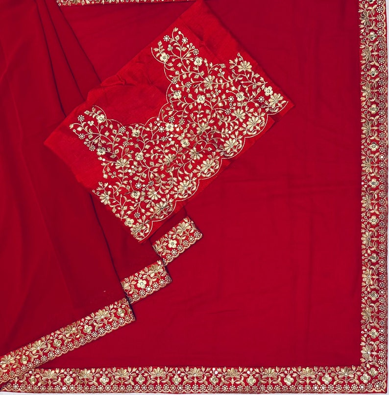 Madhuri Dixit Rote Farbe Weiche Georgette Goldfaden Zari und Sequence Arbeit Saree, Hochzeitskleidung Saree, Party Wear Saree, Bollywood Saree. Bild 4