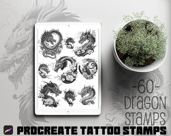 60 Drachen Pinsel/Schablone Tattoo/Procreate Stempel/Procreate Pinsel/Digitale Werkzeuge/iPad und iPad Pro