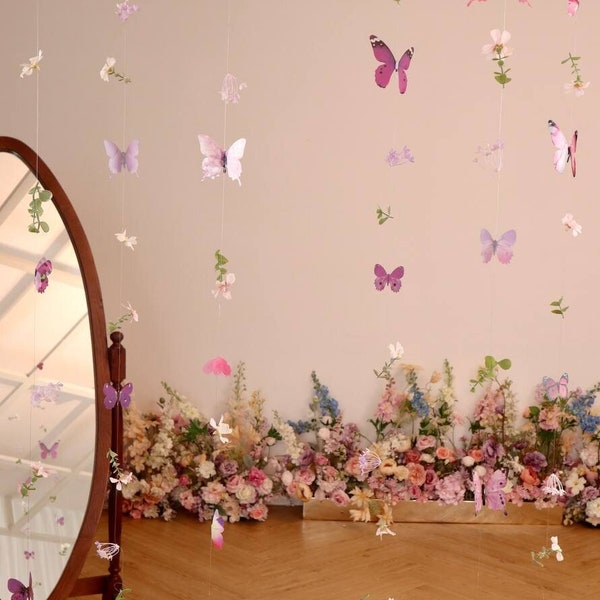 Hanging Flower Garlands with 3D Butterflies, Custom Hanging Flowers Kit, DIY Butterflies Decor Ceiling Flower Set, Floating Flower Backdrop