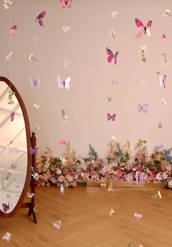 Hanging Flower Garlands with 3D Butterflies, Custom Hanging Flowers Kit, DIY Butterflies Decor Ceiling Flower Set, Floating Flower Backdrop