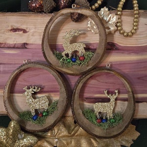 Wooden Cabin Deer Christmas Ornaments. SET OF 3 Deer Slices