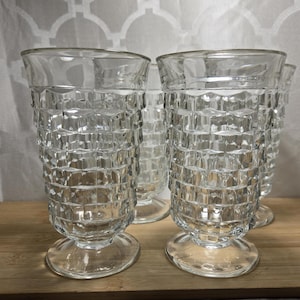 Vintage Flared Clear Ice Tea Whitehall Colony Glasses. Stacked Cube Pattern Footed Glasses. Thick Heavy Ice Tea Glasses. Set of 4.