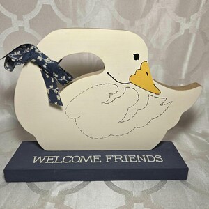 Vintage Wood Country Goose Blue Ribbon Welcome Friends Accent Sign. Welcome Friends Country Goose Accent.