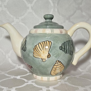 Vintage Sage Green Seashells Teapot. Heartfelt Kitchen Creations Seashells Tea Kettle.