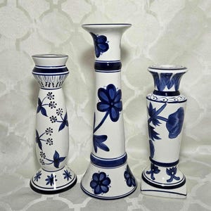 Blue White Floral Ceramic Candlestick Holders. Floral Chinoiserie Ceramic Candlestick Set. Set of 3
