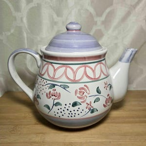 Vintage Ceramic Teapot: Stenciled Roses, Pink & Blue Accents