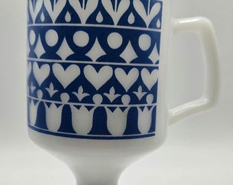 Vintage Milk Glass Blue Hearts Tulips Footed Mug. Pedestal Coffee Mug.