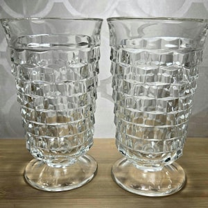 Vintage Flared Clear Ice Tea Whitehall Colony Glasses. Stacked Cube Pattern Footed Glasses. Thick Heavy Ice Tea Glasses. Set of 2.