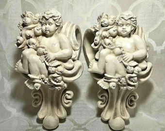 Vintage Cherubs Wall Drapes Curtain Holders. Cherubs Curtain Rod Holders. Cherubs Wall Hangings. Set of 2