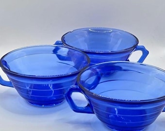 Vintage blauwe Colbolt-soepkommen. Set van 3"