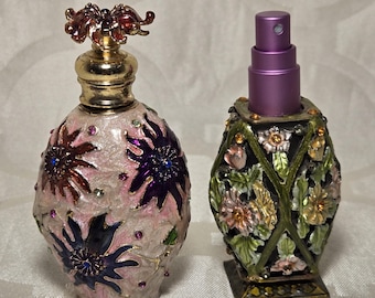 Floral Jeweled Enamel Gold Colored 3" Metal Glass Perfume Bottles